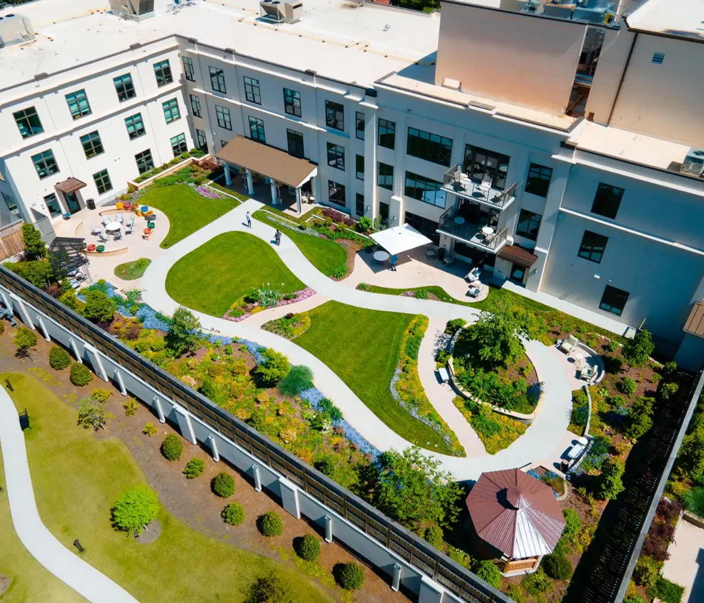 An aerial view of the courtyard at Canterbury Court's health services arm, Monarch Pavilion 