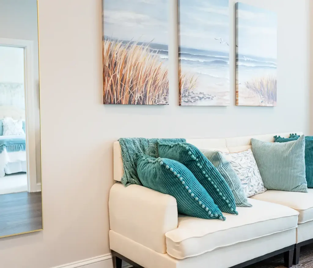 Couch with pillows in an Assisted Living apartment