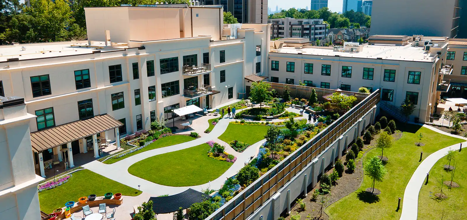 An outdoor aerial view of a courtyard at Canterbury Court